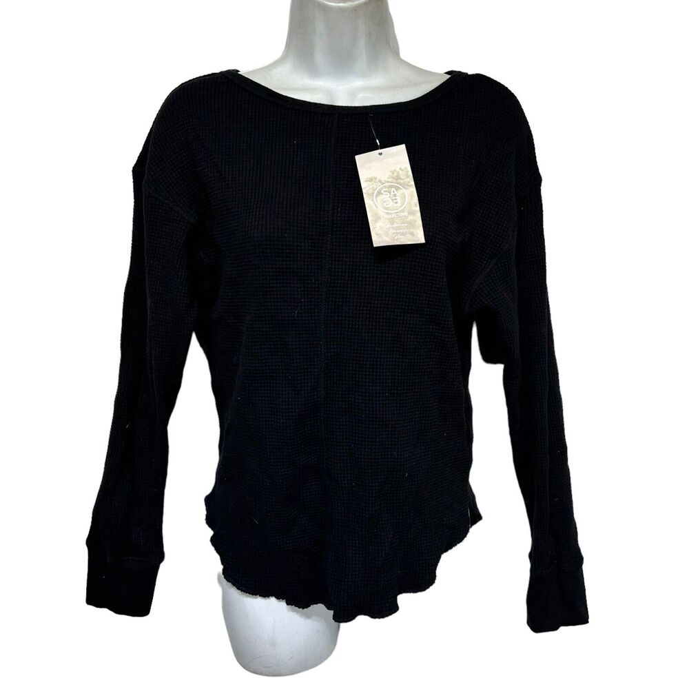 Sage Collective Venture Waffle Long Sleeve Pullover Black M